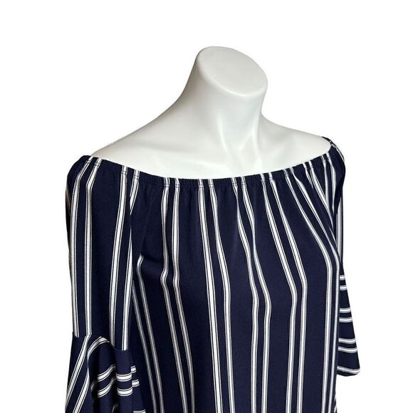 Express navy blue and white striped off shoulder bell sleeve top size M - Picture 3 of 13